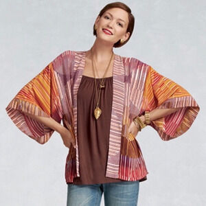 CAbi Mon Ami Striped Orange Pink Kimono Cardigan 3/4 Sleeves Womens Medium Flowy